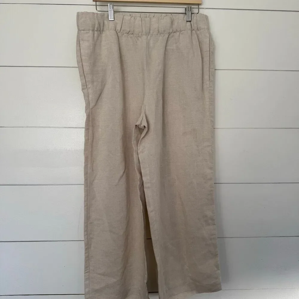 H&M Women’s Large Tan Wide Leg Linen Blend Pants Minimalist Lagenlook